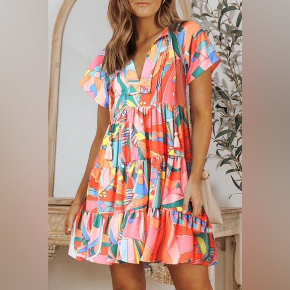 Geometric print dress with ruffle trim and ties